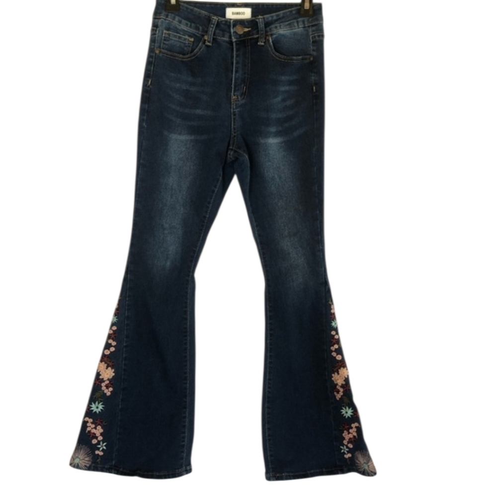 Womens High Waisted Retro Floral Embroidered Wide Flare Jeans Boho Chic Size 5